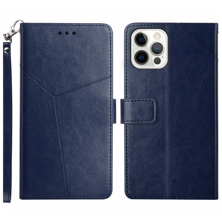 HT01 For iPhone 16 Pro Max Case Y-Shaped Lines PU Leather Wrist Strap Phone Cover