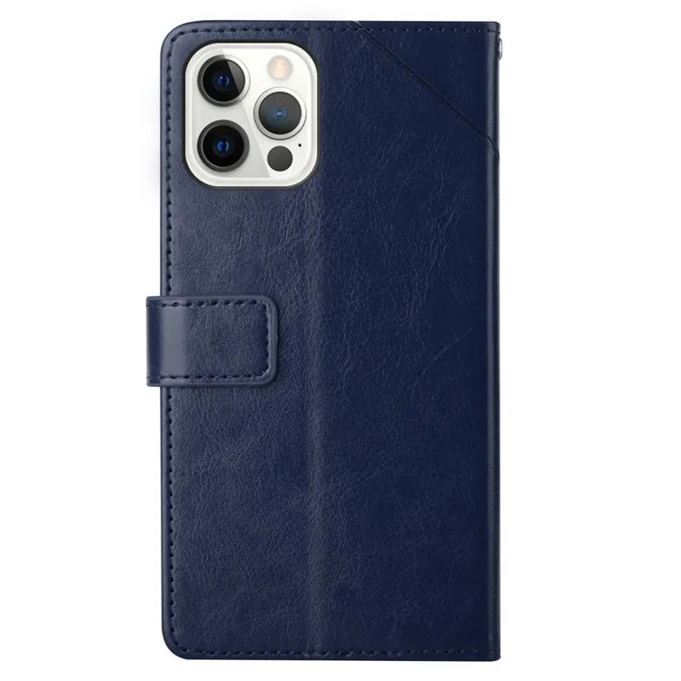 HT01 For iPhone 16 Pro Max Case Y-Shaped Lines PU Leather Wrist Strap Phone Cover