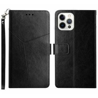 HT01 For iPhone 16 Pro Max Case Y-Shaped Lines PU Leather Wrist Strap Phone Cover