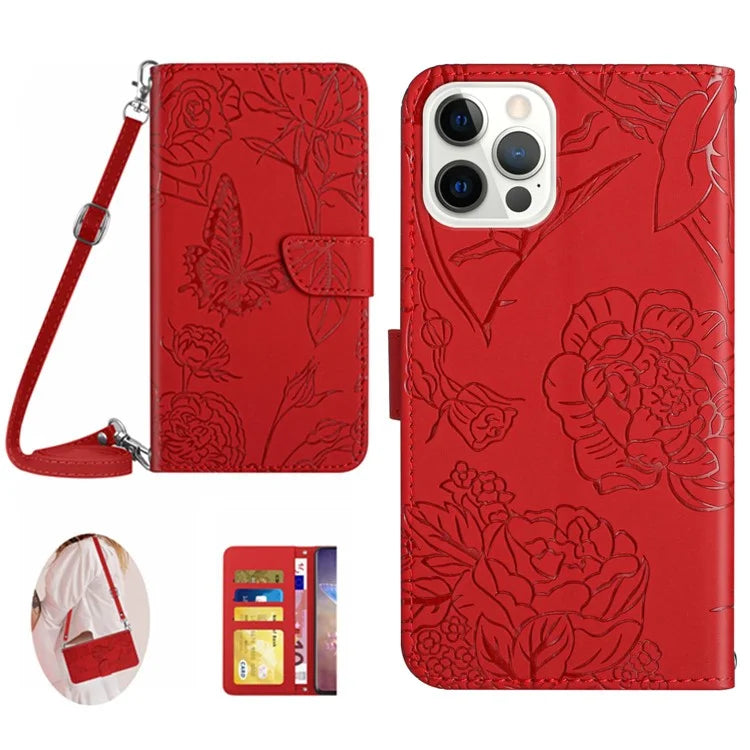 HT03 For iPhone 16 Pro Max Case Butterfly Flowers Leather Phone Cover Magnetic Flip Stand
