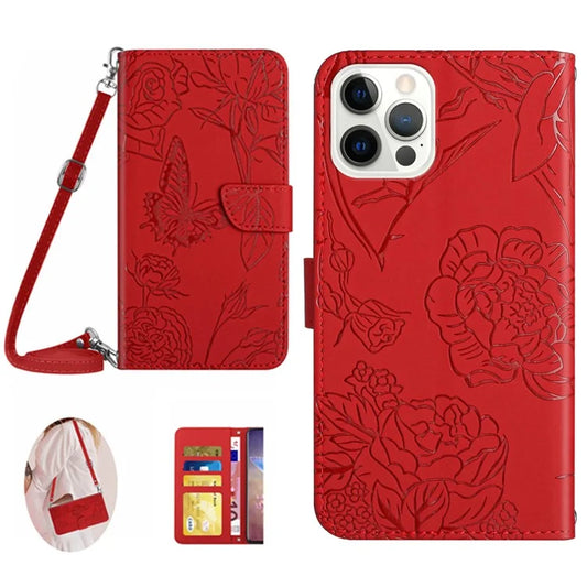 HT03 For iPhone 16 Pro Max Case Butterfly Flowers Leather Phone Cover Magnetic Flip Stand