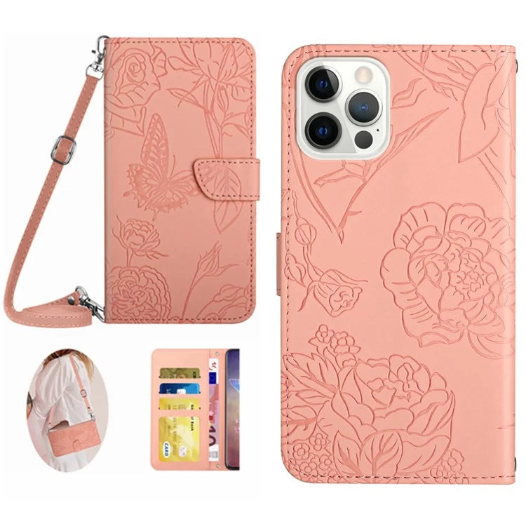 HT03 For iPhone 16 Pro Max Case Butterfly Flowers Leather Phone Cover Magnetic Flip Stand