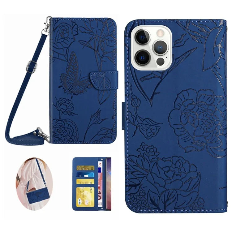 HT03 For iPhone 16 Pro Max Case Butterfly Flowers Leather Phone Cover Magnetic Flip Stand