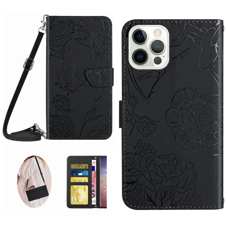 HT03 For iPhone 16 Pro Max Case Butterfly Flowers Leather Phone Cover Magnetic Flip Stand