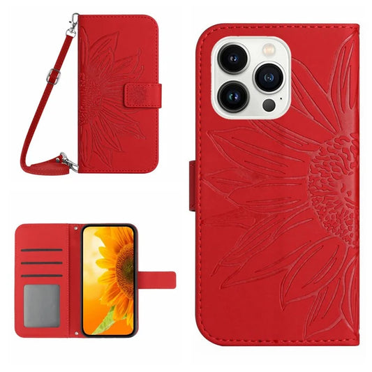 HT04 For iPhone 16 Pro Max Leather Case Sunflower Phone Wallet Cover with Shoulder Strap