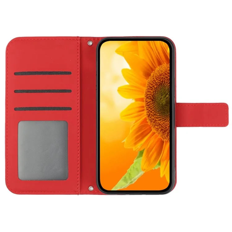 HT04 For iPhone 16 Pro Max Leather Case Sunflower Phone Wallet Cover with Shoulder Strap