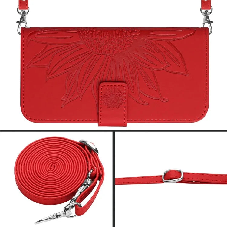 HT04 For iPhone 16 Pro Max Leather Case Sunflower Phone Wallet Cover with Shoulder Strap