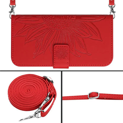 HT04 For iPhone 16 Pro Max Leather Case Sunflower Phone Wallet Cover with Shoulder Strap