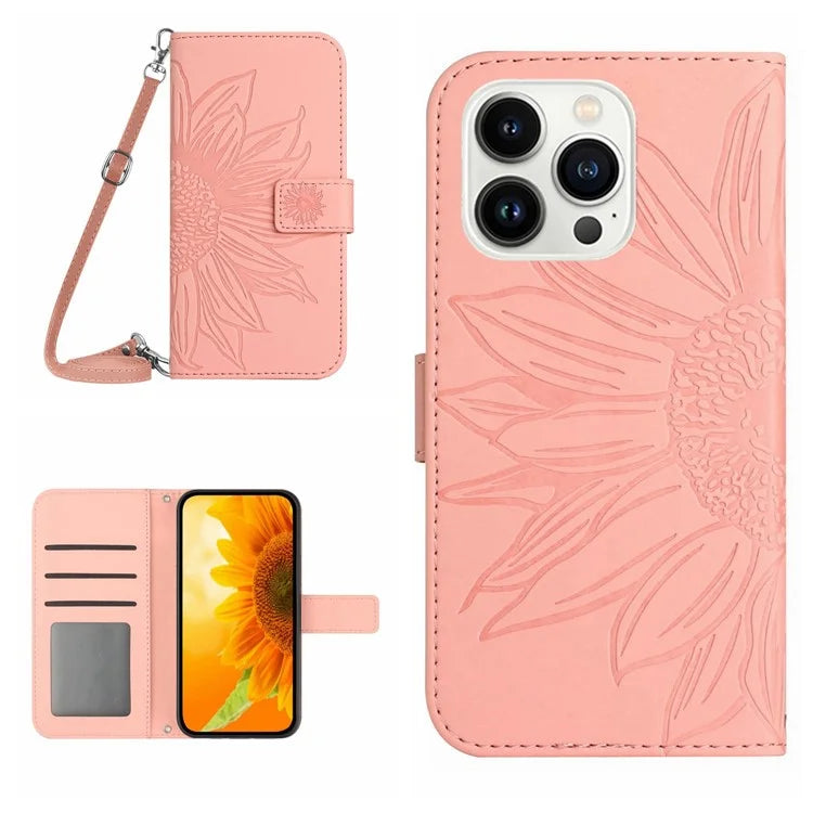 HT04 For iPhone 16 Pro Max Leather Case Sunflower Phone Wallet Cover with Shoulder Strap