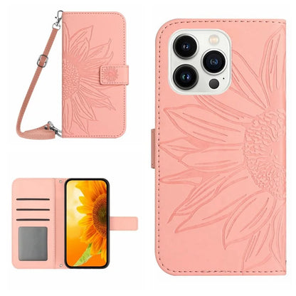 HT04 For iPhone 16 Pro Max Leather Case Sunflower Phone Wallet Cover with Shoulder Strap
