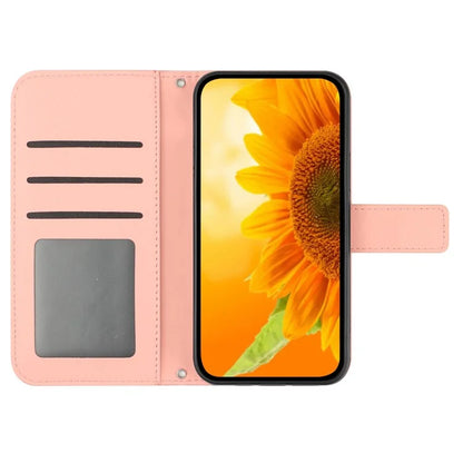 HT04 For iPhone 16 Pro Max Leather Case Sunflower Phone Wallet Cover with Shoulder Strap