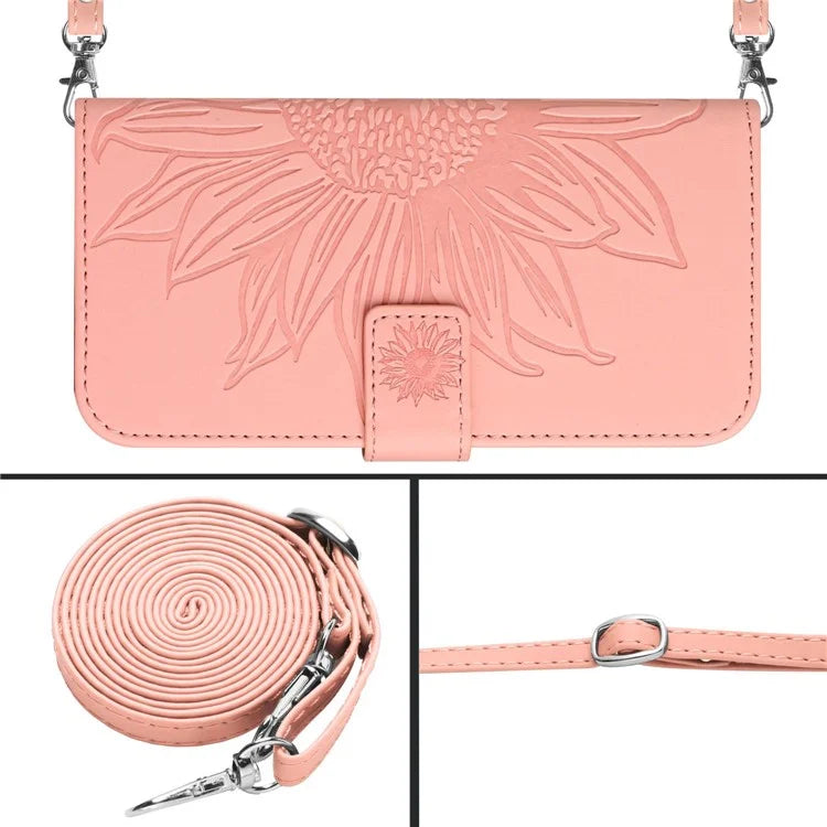 HT04 For iPhone 16 Pro Max Leather Case Sunflower Phone Wallet Cover with Shoulder Strap