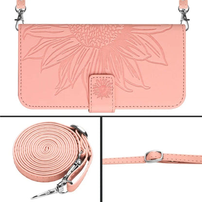 HT04 For iPhone 16 Pro Max Leather Case Sunflower Phone Wallet Cover with Shoulder Strap