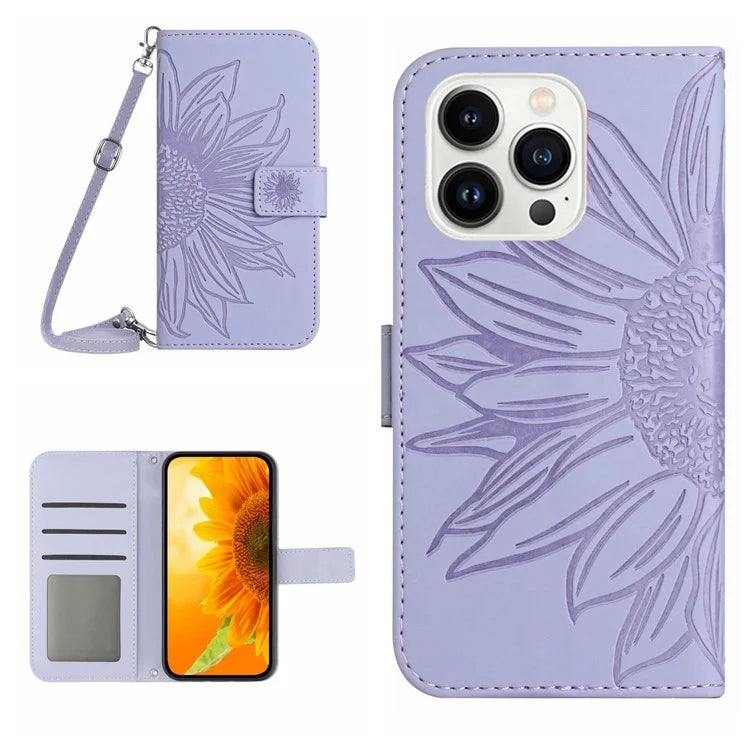 HT04 For iPhone 16 Pro Max Leather Case Sunflower Phone Wallet Cover with Shoulder Strap