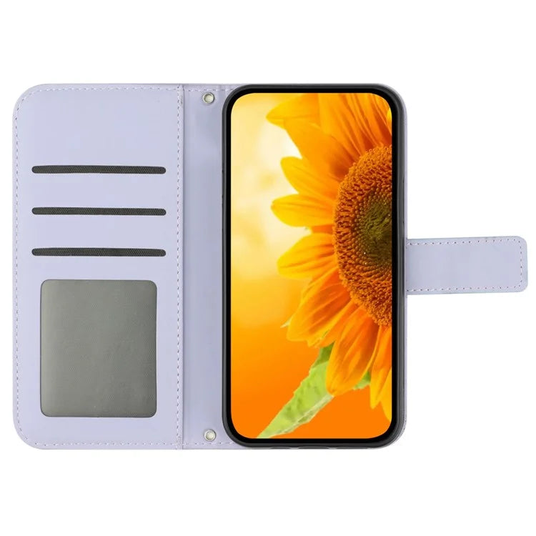 HT04 For iPhone 16 Pro Max Leather Case Sunflower Phone Wallet Cover with Shoulder Strap