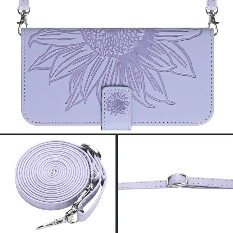 HT04 For iPhone 16 Pro Max Leather Case Sunflower Phone Wallet Cover with Shoulder Strap