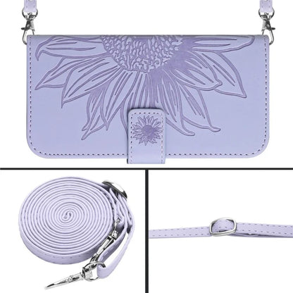 HT04 For iPhone 16 Pro Max Leather Case Sunflower Phone Wallet Cover with Shoulder Strap