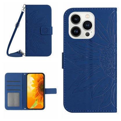 HT04 For iPhone 16 Pro Max Leather Case Sunflower Phone Wallet Cover with Shoulder Strap