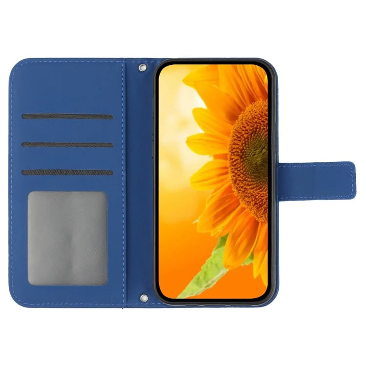 HT04 For iPhone 16 Pro Max Leather Case Sunflower Phone Wallet Cover with Shoulder Strap