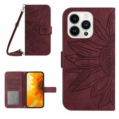 HT04 For iPhone 16 Pro Max Leather Case Sunflower Phone Wallet Cover with Shoulder Strap