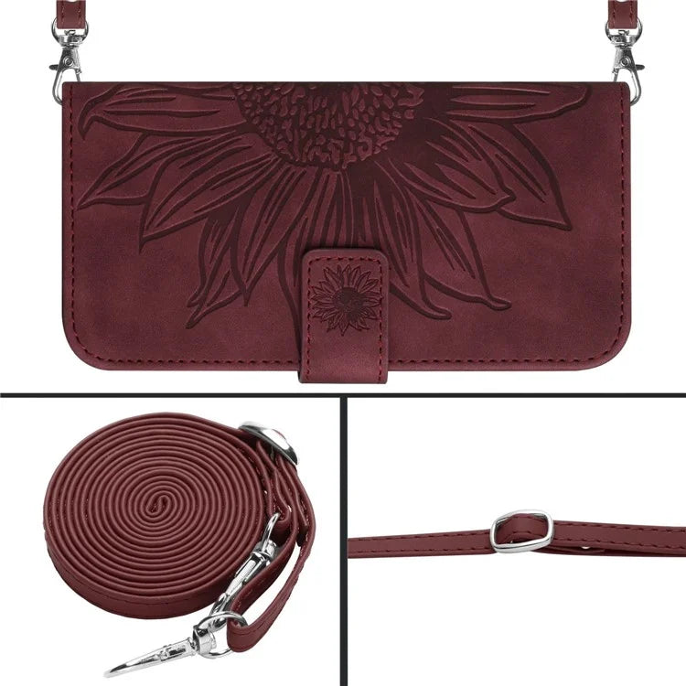 HT04 For iPhone 16 Pro Max Leather Case Sunflower Phone Wallet Cover with Shoulder Strap