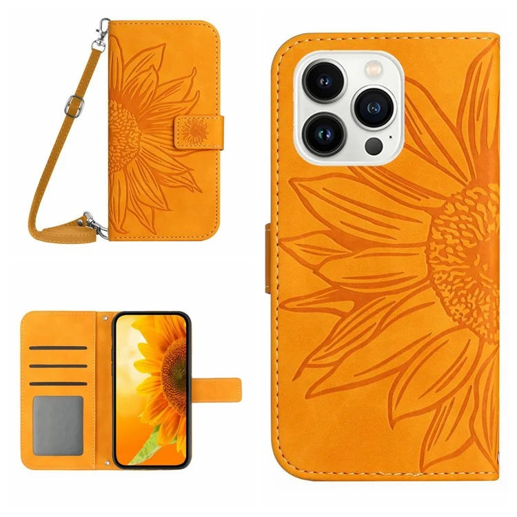 HT04 For iPhone 16 Pro Max Leather Case Sunflower Phone Wallet Cover with Shoulder Strap