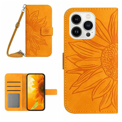 HT04 For iPhone 16 Pro Max Leather Case Sunflower Phone Wallet Cover with Shoulder Strap