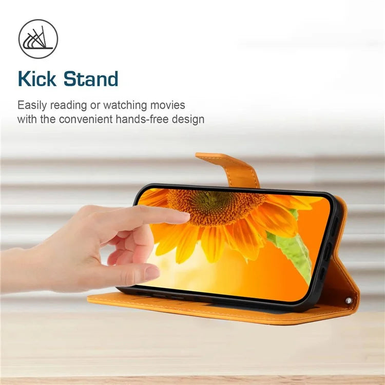 HT04 For iPhone 16 Pro Max Leather Case Sunflower Phone Wallet Cover with Shoulder Strap
