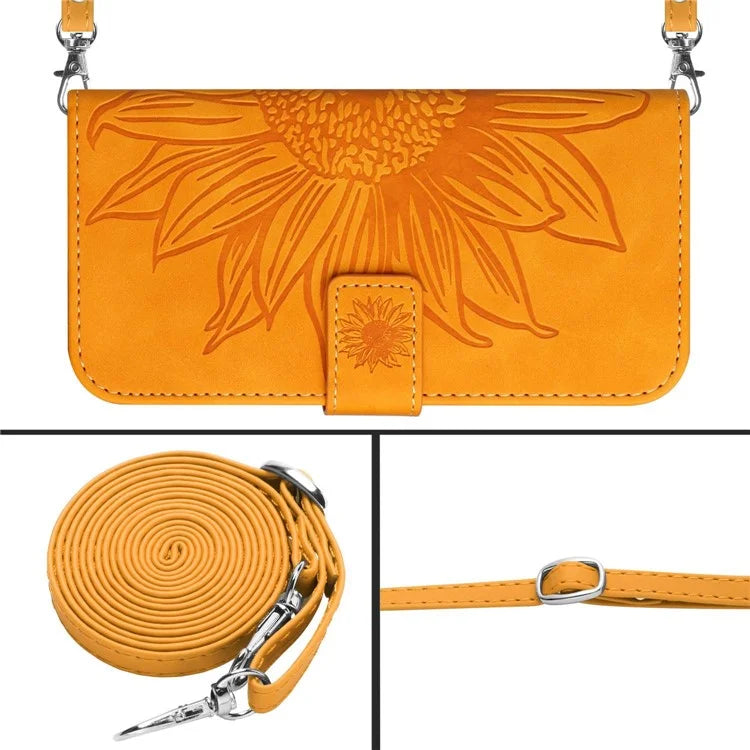 HT04 For iPhone 16 Pro Max Leather Case Sunflower Phone Wallet Cover with Shoulder Strap