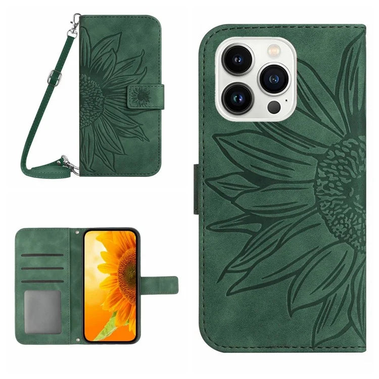 HT04 For iPhone 16 Pro Max Leather Case Sunflower Phone Wallet Cover with Shoulder Strap