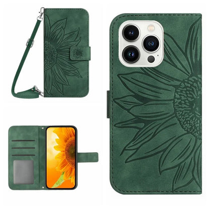 HT04 For iPhone 16 Pro Max Leather Case Sunflower Phone Wallet Cover with Shoulder Strap