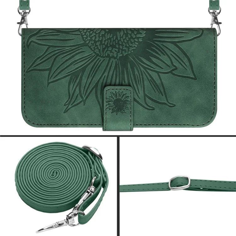 HT04 For iPhone 16 Pro Max Leather Case Sunflower Phone Wallet Cover with Shoulder Strap