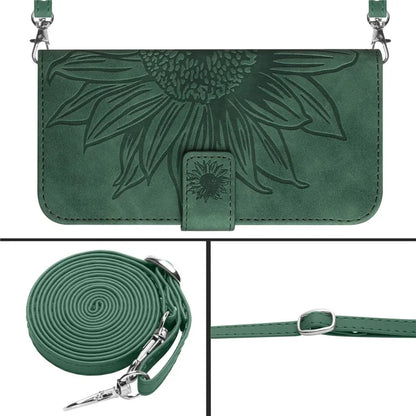 HT04 For iPhone 16 Pro Max Leather Case Sunflower Phone Wallet Cover with Shoulder Strap
