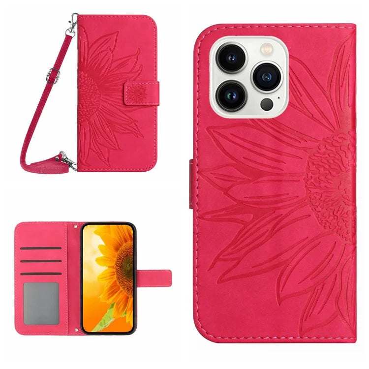 HT04 For iPhone 16 Pro Max Leather Case Sunflower Phone Wallet Cover with Shoulder Strap