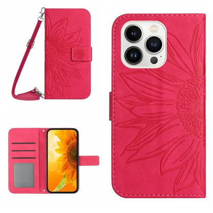 HT04 For iPhone 16 Pro Max Leather Case Sunflower Phone Wallet Cover with Shoulder Strap