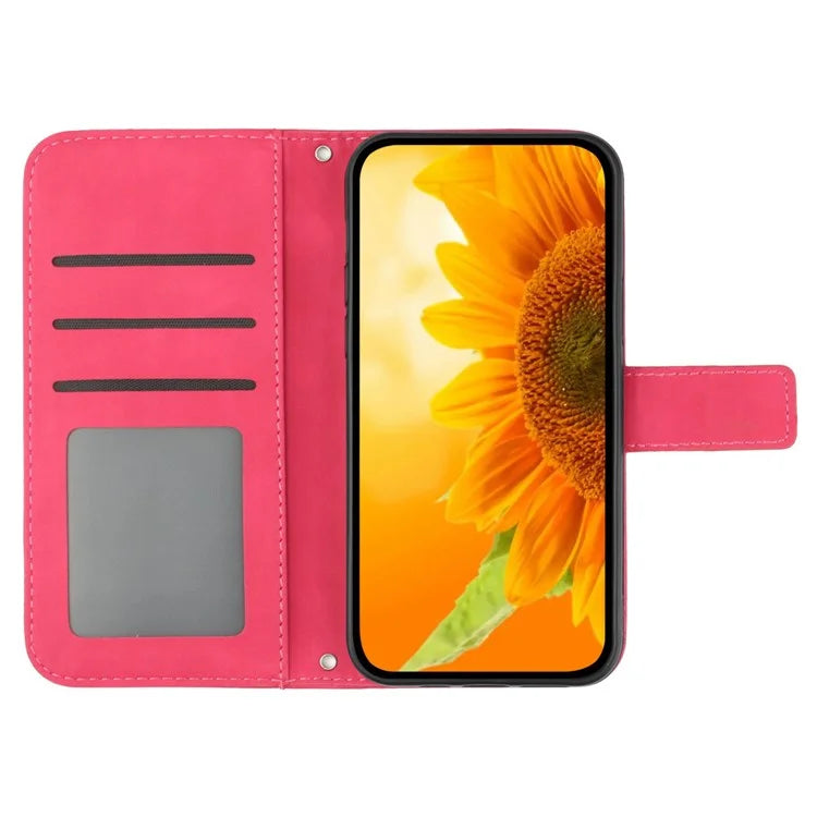 HT04 For iPhone 16 Pro Max Leather Case Sunflower Phone Wallet Cover with Shoulder Strap
