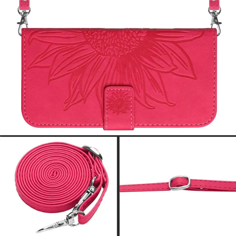 HT04 For iPhone 16 Pro Max Leather Case Sunflower Phone Wallet Cover with Shoulder Strap