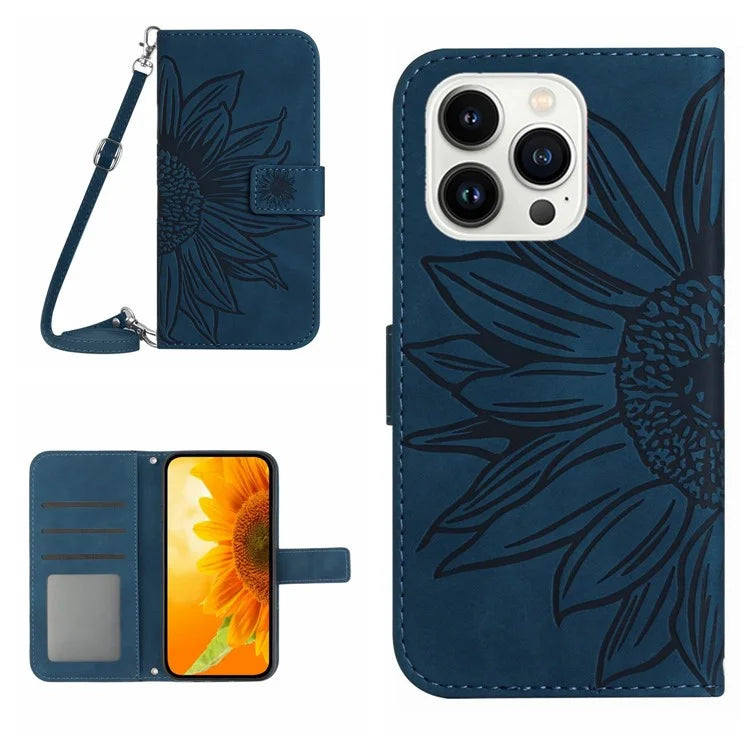 HT04 For iPhone 16 Pro Max Leather Case Sunflower Phone Wallet Cover with Shoulder Strap