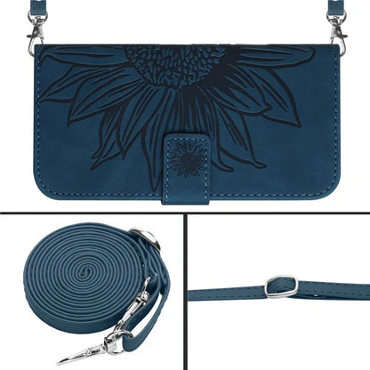 HT04 For iPhone 16 Pro Max Leather Case Sunflower Phone Wallet Cover with Shoulder Strap