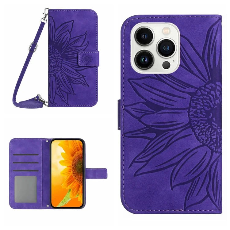 HT04 For iPhone 16 Pro Max Leather Case Sunflower Phone Wallet Cover with Shoulder Strap