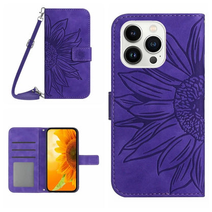 HT04 For iPhone 16 Pro Max Leather Case Sunflower Phone Wallet Cover with Shoulder Strap