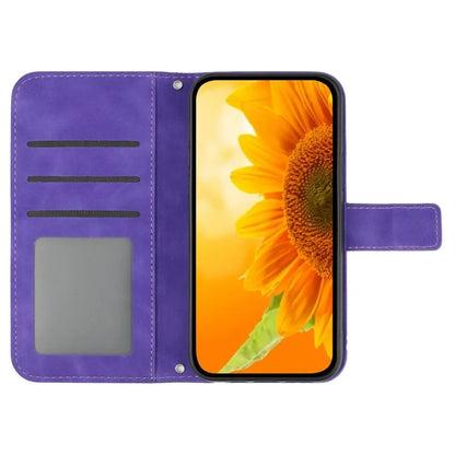 HT04 For iPhone 16 Pro Max Leather Case Sunflower Phone Wallet Cover with Shoulder Strap