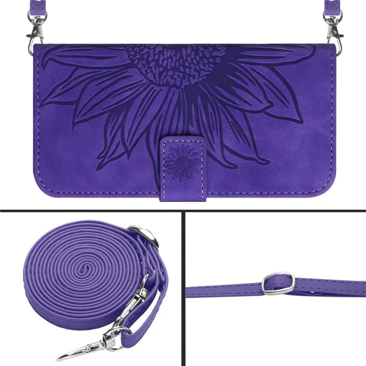 HT04 For iPhone 16 Pro Max Leather Case Sunflower Phone Wallet Cover with Shoulder Strap