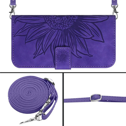 HT04 For iPhone 16 Pro Max Leather Case Sunflower Phone Wallet Cover with Shoulder Strap