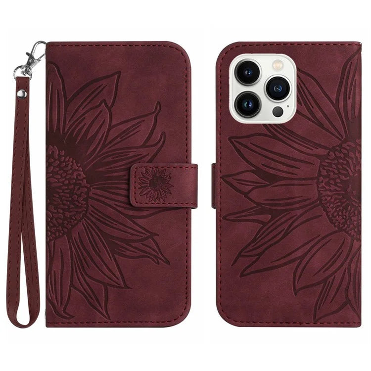HT04 For iPhone 16 Pro Max Case Sunflower Leather Handbag Flip Phone Cover