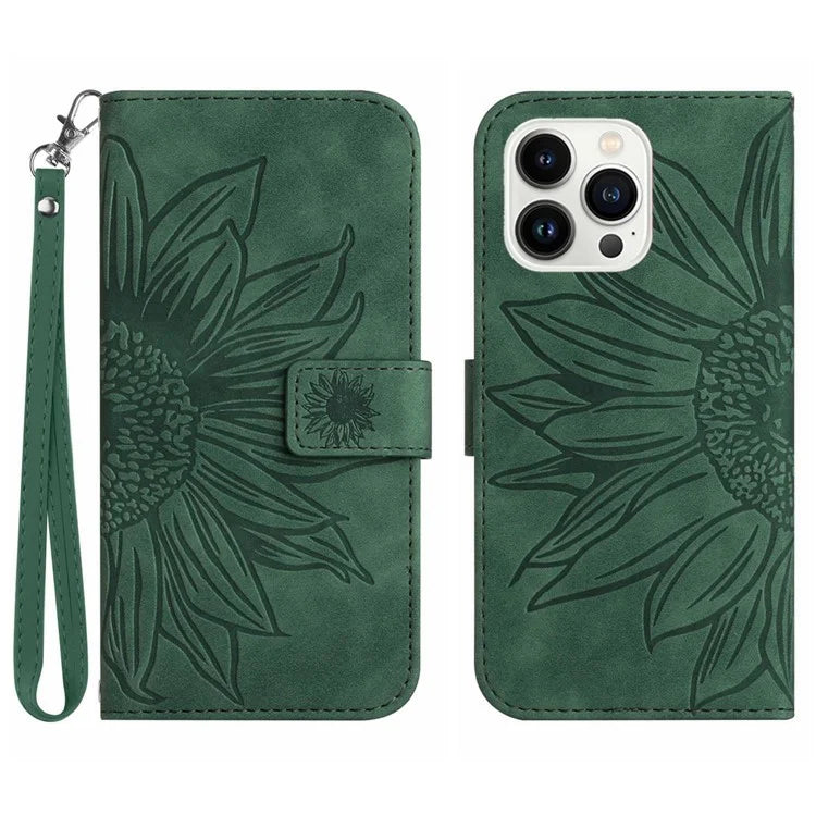 HT04 For iPhone 16 Pro Max Case Sunflower Leather Handbag Flip Phone Cover