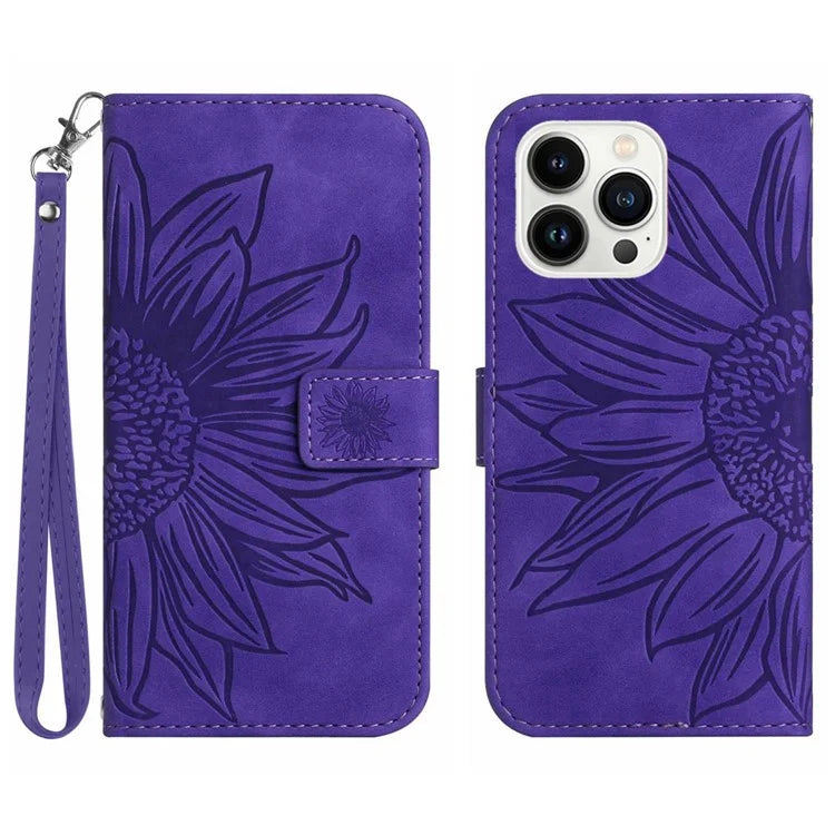 HT04 For iPhone 16 Pro Max Case Sunflower Leather Handbag Flip Phone Cover