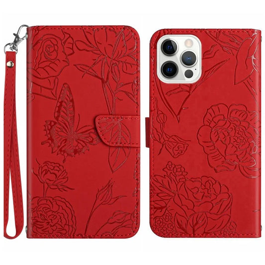 HT03 For iPhone 16 Pro Max Case PU Leather Phone Cover Butterfly Flower Imprinted