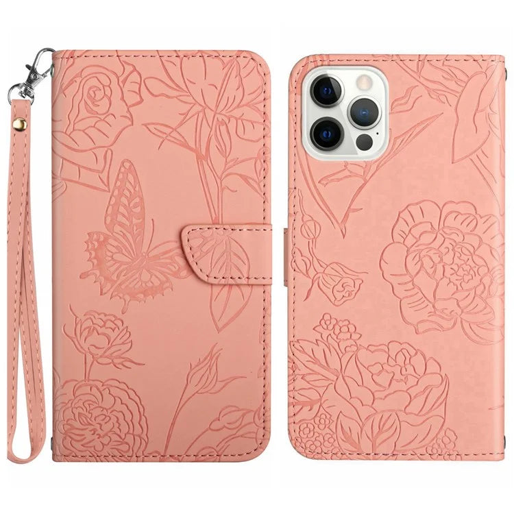 HT03 For iPhone 16 Pro Max Case PU Leather Phone Cover Butterfly Flower Imprinted
