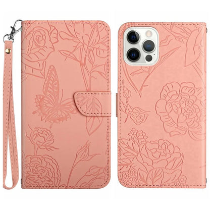 HT03 For iPhone 16 Pro Max Case PU Leather Phone Cover Butterfly Flower Imprinted